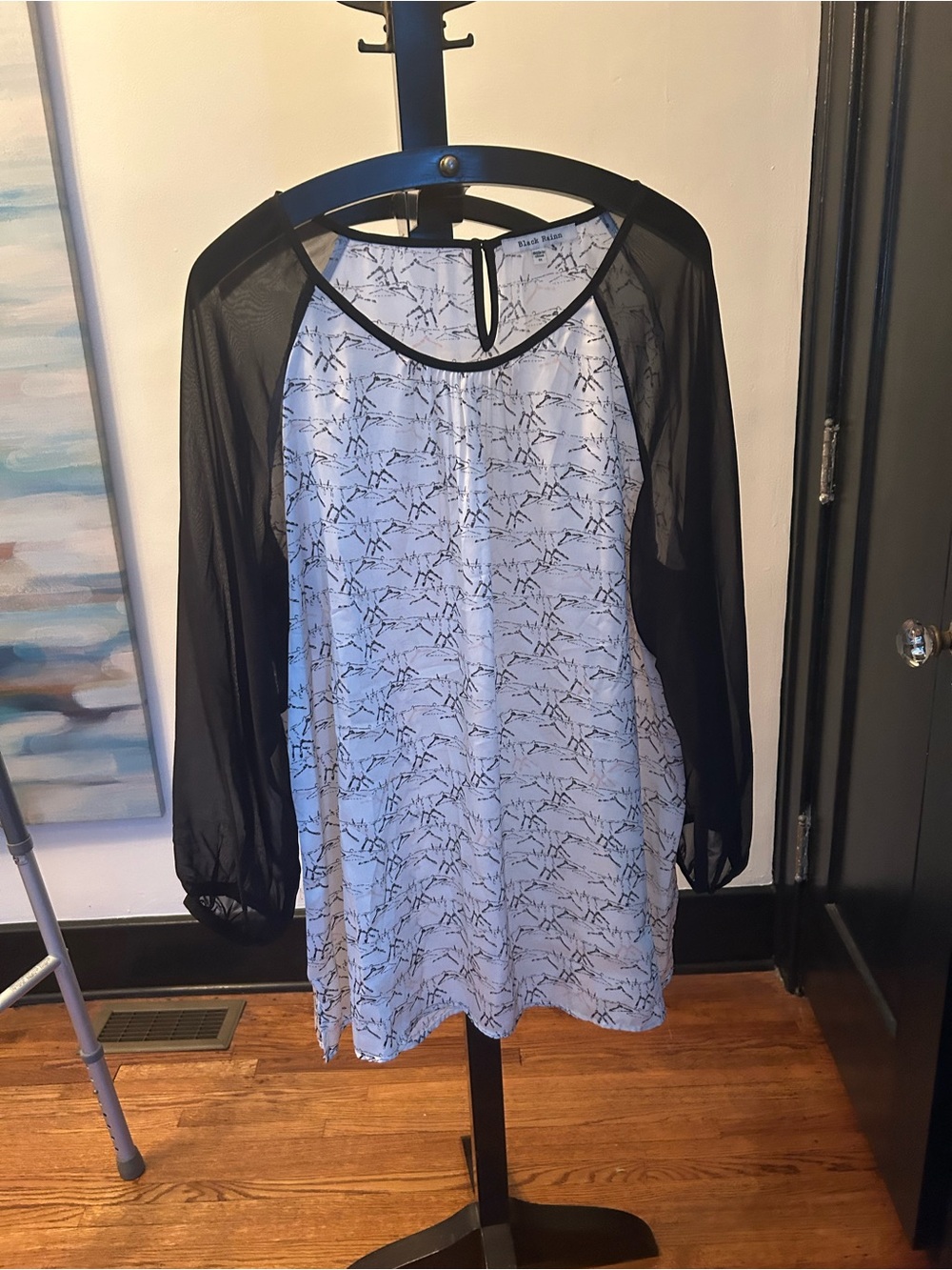 Black Rainn Light Blue Printed Tunic with Black Sheer Sleeves